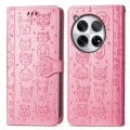 For OnePlus 12 Cat and Dog Embossed Leather Phone Case(Pink)