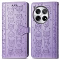 For OnePlus 12 Cat and Dog Embossed Leather Phone Case(Purple)