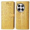 For OnePlus 12 Cat and Dog Embossed Leather Phone Case(Yellow)