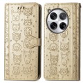 For OnePlus 12 Cat and Dog Embossed Leather Phone Case(Gold)
