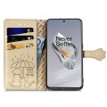 For OnePlus 12 Cat and Dog Embossed Leather Phone Case(Gold)