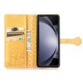 For Samsung Galaxy Z Fold5 5G Cat and Dog Embossed Leather Phone Case(Yellow)