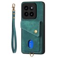 For Xiaomi 14 Pro Retro Card Wallet Fold Leather Phone Case with Strap(Green)