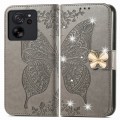 For Xiaomi 13T / 13T Pro Rhinestones Butterfly Love Flower Embossed Leather Phone Case(Grey)