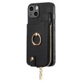 For iPhone 11 Pro max Cross Leather Ring Vertical Zipper Wallet Back Phone Case(Black)