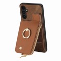 For Samsung Galaxy A22 4G Cross Leather Ring Vertical Zipper Wallet Back Phone Case(Brown)