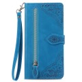 For ZTE Blade A53 Embossed Flower Zipper Leather Phone Case(Blue)