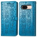 For Google Pixel 7a Cat and Dog Embossed Leather Phone Case(Blue)