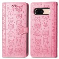 For Google Pixel 7a Cat and Dog Embossed Leather Phone Case(Pink)