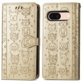 For Google Pixel 7a Cat and Dog Embossed Leather Phone Case(Gold)