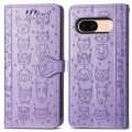 For Google Pixel 7a Cat and Dog Embossed Leather Phone Case(Purple)