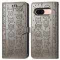 For Google Pixel 7a Cat and Dog Embossed Leather Phone Case(Gray)