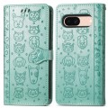 For Google Pixel 7 Cat and Dog Embossed Leather Phone Case(Green)