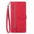 For T-Mobile REVVL V+ 5G Embossed Flower Zipper Leather Phone Case(Red)