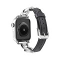 For Apple Watch SE 2023 44mm Rhinestone Denim Chain Leather Watch Band(Black)