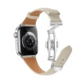 For Apple Watch SE 2023 44mm Plain Leather Butterfly Buckle Watch Band(Beige+Silver)