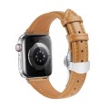 For Apple Watch SE 2023 44mm Plain Leather Butterfly Buckle Watch Band(Brown+Silver)
