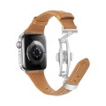 For Apple Watch SE 2023 44mm Plain Leather Butterfly Buckle Watch Band(Brown+Silver)