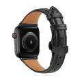For Apple Watch SE 2023 44mm Plain Leather Butterfly Buckle Watch Band(Black+Black)