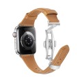 For Apple Watch Series 6 44mm Plain Leather Butterfly Buckle Watch Band(Brown+Silver)