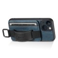 For iPhone 15 Suteni H13 Card Wallet Wrist Strap Holder PU Phone Case(Blue)