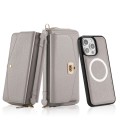 For iPhone 15 Pro MagSafe Crossbody Multi-functional Zipper Wallet Litchi Leather Phone Case(Grey)