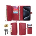 For iPhone 15 Pro Multi-functional Zipper Wallet Leather Phone Case(Red)