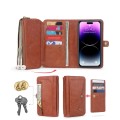 For iPhone 14 Plus Multi-functional Zipper Wallet Leather Phone Case(Brown)