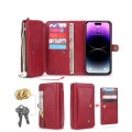 For iPhone 14 Pro Max Multi-functional Zipper Wallet Leather Phone Case(Red)