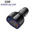 P49 53W PD20W Type-C + USB 4-port Car Charger with USB to Micro USB Data Cable(Black)