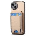 For iPhone 14 Pro Max Carbon Fiber Vertical Flip Wallet Stand Phone Case(Khaki)