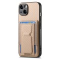 For iPhone 15 Plus Carbon Fiber Fold Stand Elastic Card Bag Phone Case(Khaki)