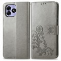 For UMIDIGI G5 Four-leaf Clasp Embossed Buckle Leather Phone Case(Gray)
