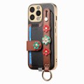 For iPhone 15 Pro Stereoscopic Flowers Wristband Card Bag Phone Case(Black)