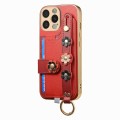 For iPhone 15 Pro Max Stereoscopic Flowers Wristband Card Bag Phone Case(Red)