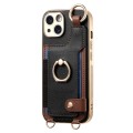 For iPhone 15 Plus Fashion Ring Card Bag Phone Case with Hang Loop(Black)