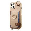 For iPhone 14 Plus Fashion Ring Card Bag Phone Case with Hang Loop(Khaki)
