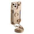 For iPhone 14 Plus Fashion Ring Card Bag Phone Case with Hang Loop(Khaki)