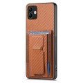 For Samsung Galaxy M32 4G Carbon Fiber Fold Stand Elastic Card Bag Phone Case(Brown)