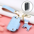 Hallmo Car Female Style Cowhide Leather Key Protective Cover for Volkswagen, B Type Folding(Sky Blue