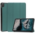 For Nokia T20 Three-folding Holder Custer Texture Leather Tablet Case(Dark Green)