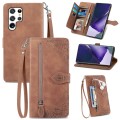 For Samsung Galaxy S22 Ultra 5G Embossed Flower Shockproof Leather Phone Case(Brown)