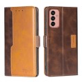 For Samsung Galaxy M13 Contrast Color Side Buckle Leather Phone Case(Dark Brown+Gold)