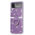 For Samsung Galaxy Z Flip4 Glitter Leather Skin PC Phone Case with Ring(Purple)