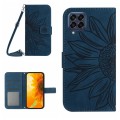 For Samsung Galaxy M33 5G Skin Feel Sun Flower Pattern Flip Leather Phone Case with Lanyard(Inky Blu