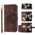 For Samsung Galaxy Z Fold3 5G Skin-feel Flowers Embossed Wallet Leather Phone Case(Brown)