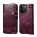 For iPhone 14 Pro Max Denior Oil Wax Cowhide Magnetic Button Genuine Leather Case (Purple)