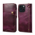 For iPhone 14 Plus Denior Oil Wax Cowhide Magnetic Button Genuine Leather Case (Purple)