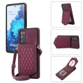 For Samsung Galaxy S20 FE Rhombic Texture RFID Phone Case with Lanyard & Mirror(Wine Red)