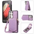 For Samsung Galaxy S21 Ultra 5G Rhombic Texture RFID Phone Case with Lanyard & Mirror(Purple)